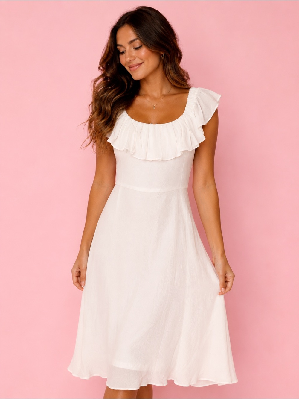 Betsey Johnson White Ruffle-Neck Midi Dress